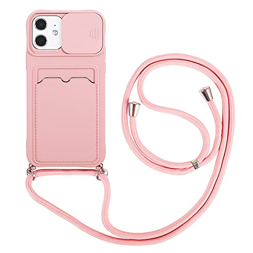 Handykette Silikon Handyhülle kompatibel mit Apple iPhone 11 Pro Hülle Slide Kamera Schutz mit Nylon Kordel Kette und Kartenfach Schutzhülle TPU Bumper Stoßfest Cover Case(Rosa) von VooDirop