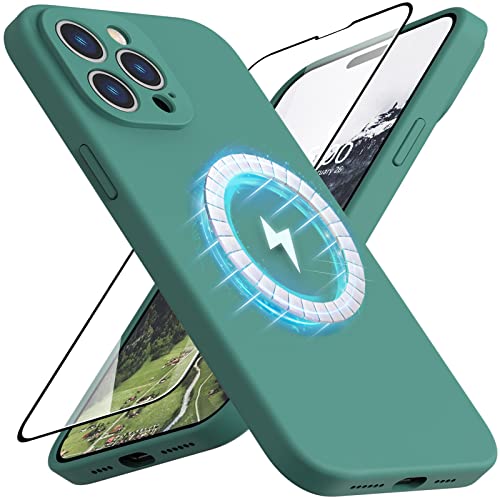 Vooii Kompatibel mit MagSafe iPhone 14 Pro magnetische Hülle, [9H-Displayschutzfolie] [Kameraschutz] [weiches Mikrofaserfutter] Stoßfeste Schutzhülle aus Flüssigsilikon für iPhone 14 Pro – Kieferngrün von Vooii