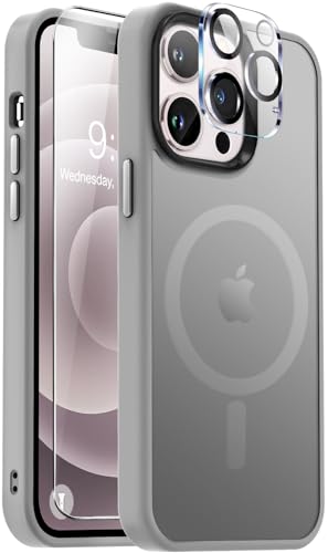 Vooii Magnetische Schutzhülle für iPhone 12 Pro Max, kompatibel mit Magsafe, Displayschutzfolie und Kameralinsenschutz, Tasten aus Aluminiumlegierung, schlank, durchscheinend, matt, Titangrau von Vooii