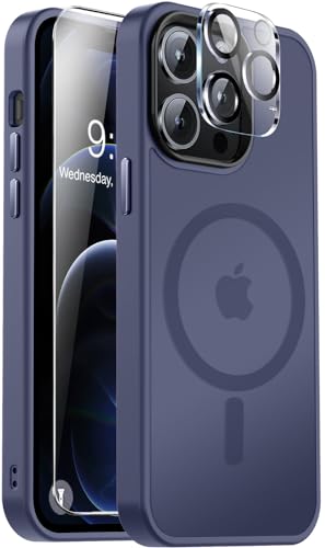 Vooii Starke magnetische Schutzhülle für iPhone 12 Pro Max, kompatibel mit Magsafe, Displayschutzfolie und Kameralinsenschutz, Tasten aus Aluminiumlegierung, schlank, durchscheinend, matt, Dunkelblau von Vooii