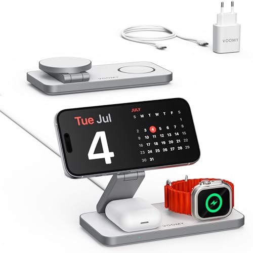 VOOMY 3-in-1 Kabelloses Ladegerät 15W, Induktive Ladestation für iPhone, Apple Watch und Airpods, MagSafe Ladestation für iPhone 16/15/14/13/12, Magsafe ladegerät für Apple Watch 10/9/Ultra/8/7/6/SE/5 von Voomy
