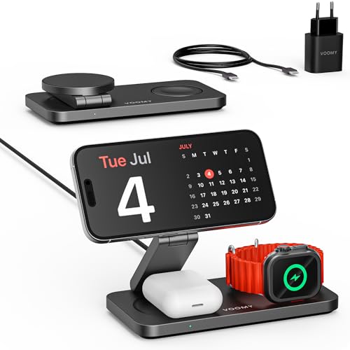 VOOMY 3-in-1 Kabelloses Ladegerät 15W, Induktive Ladestation für iPhone, Apple Watch und Airpods, MagSafe Ladestation für iPhone 16/15/14/13/12, Magsafe ladegerät für Apple Watch 10/9/Ultra/8/7/6/SE/5 von Voomy