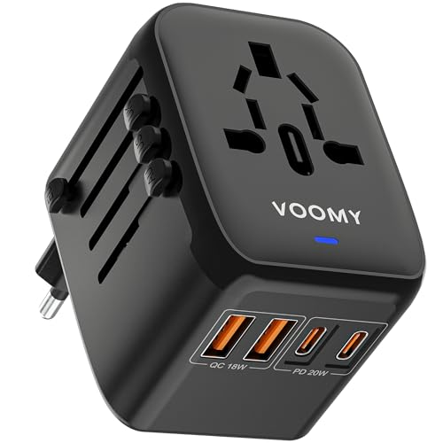 VOOMY Für über 170 Länder Reisestecker mit Schnellladegerät, Travel Adapter mit 2 USB ladegerät und 2 USB C ladegerät, Camping zubehör mit Quick Charging 3.0, USB Stecker und 20W Ladegerät USB C von Voomy