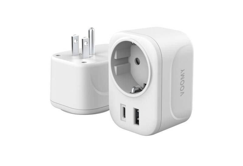 Voomy Travel Y3 Reiseadapter Steckertype B zu Reiseadapter weltweit mit US Steckern, mit 1 USB-C, 1 USB-A, 1 AC, Schutzkontakt und Überspannungsschutz von Voomy