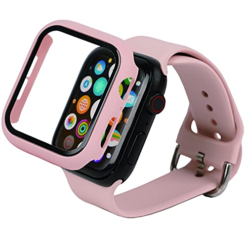 Vophoeen Armband mit Hülle, kompatibel mit Apple Watch, eingebautem Displayschutz aus gehärtetem Glas, 44 mm, weiches Silikon, Sportarmbänder, Ersatzarmband mit klassischem Verschluss für iWatch SE von Vophoeen