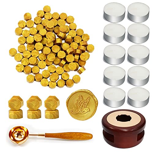 Wachssiegelperlen-Set, Vosypoky 372-teiliges Siegelwachsperlen-Set mit 360 goldenen Wachssiegelperlen, Wachsstempelwärmer, Schmelzlöffel, 10 Kerzen, Wachssiegel-Set zum Versiegeln von Umschlägen von Vosypoky