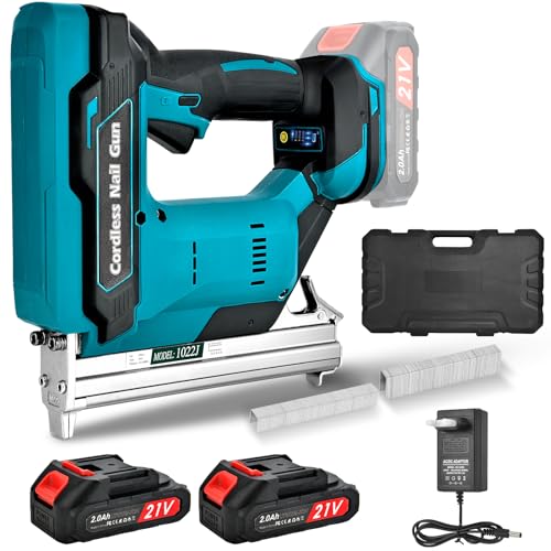 Vothen Akku Tacker Nagelpistole, Nagler mit 2 x 2000mAh Batterie und 6000 Klammern, Tackerklammer Elektrotacker als Bolzensetzgerä pro Minute, inkl. 6000 Nägel, 2 Akku) für hartes und weiches Holz von Vothen