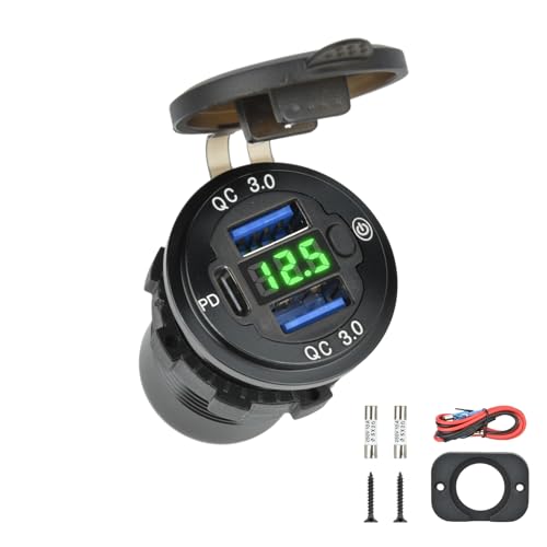 Vothen QC 3.0 USB Steckdose Auto Dual USB Aluminium 12V/24V Dual USB Steckdose Wasserdicht mit Ein-/Ausschalter Voltmeter LED für Fahrzeuge Auto Boot Motorrad SUV LKW von Vothen
