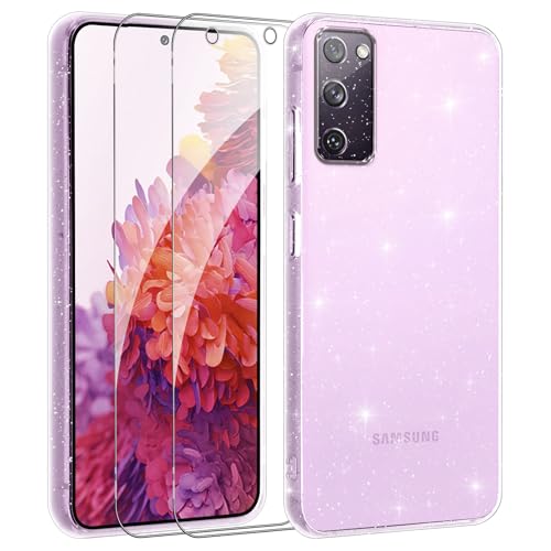 Votvloay Glitzer Hülle für Samsung Galaxy S20 FE（5G）/S20 Lite 6.5"mit 2 Stück Schutzfolie Schutzglas,Aesthetic Luxuriöse Mädchen Klare Handyhülle,Slim Weich TPU Stoßfeste Schutzhülle,Transparent von Votvloay