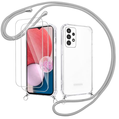 Votvloay Handykette Handyhülle für Samsung Galaxy A13 4G 6,6" Hülle mit Band - mit 2 x Schutzfolie,Transparent Case mit Kordel zum Umhängen,Weich Silikon TPU Stoßfest Schutzhülle für Samsung A13,Grau Votvloay Handykette Handyhülle für Samsung Galaxy A13 4G 6,6" Hülle mit Band - mit 2 x Schutzfolie,Transparent Case mit Kordel zum Umhängen,Weich Silikon TPU Stoßfest Schutzhülle für Samsung A13,Grau von Votvloay