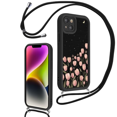 Votvloay Handykette Handyhülle für iPhone 13 6,1" Hülle mit Band, Aesthetic Blumen Muster Kordel zum Umhängen Case, Weich Dünn Silikon TPU Bumper Stoßfest Schutzhülle Cover für iPhone 13, Schwarz von Votvloay