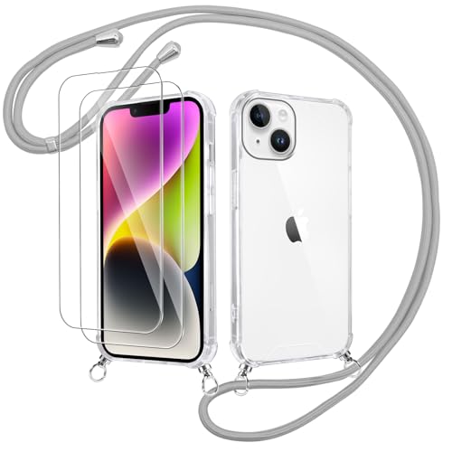 Votvloay Handykette Handyhülle für iPhone 14/iPhone 13 6,1" Hülle mit Band - mit 2 x Schutzfolie, Transparent Case mit Kordel zum Umhängen, Weich Silikon TPU Bumper Stoßfest Schutzhülle Cover, Grau Votvloay Handykette Handyhülle für iPhone 14/iPhone 13 6,1" Hülle mit Band - mit 2 x Schutzfolie, Transparent Case mit Kordel zum Umhängen, Weich Silikon TPU Bumper Stoßfest Schutzhülle Cover, Grau von Votvloay