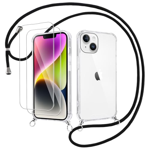 Votvloay Handykette Handyhülle für iPhone 14/iPhone 13 6,1" Hülle mit Band - mit 2 x Schutzfolie, Transparent Case mit Kordel zum Umhängen, Weich Silikon TPU Bumper Stoßfest Schutzhülle Cover, Schwarz von Votvloay