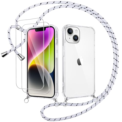 Votvloay Handykette Handyhülle für iPhone 14/iPhone 13 6,1" Hülle mit Band - mit 2 x Schutzfolie, Transparent Case mit Kordel zum Umhängen, Weich Silikon TPU Bumper Stoßfest Schutzhülle Cover, Weiß Votvloay Handykette Handyhülle für iPhone 14/iPhone 13 6,1" Hülle mit Band - mit 2 x Schutzfolie, Transparent Case mit Kordel zum Umhängen, Weich Silikon TPU Bumper Stoßfest Schutzhülle Cover, Weiß von Votvloay
