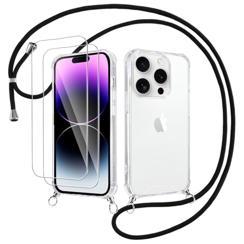 Votvloay Handykette Handyhülle für iPhone 14 Pro Max 6,7" Hülle mit Band - mit 2 x Schutzfolie, Transparent Case mit Kordel zum Umhängen, Weich TPU + PC Back Schutzhülle Cover, Schwarz Votvloay Handykette Handyhülle für iPhone 14 Pro Max 6,7" Hülle mit Band - mit 2 x Schutzfolie, Transparent Case mit Kordel zum Umhängen, Weich TPU + PC Back Schutzhülle Cover, Schwarz von Votvloay