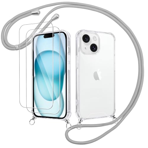 Votvloay Handykette Handyhülle für iPhone 15 6,1" Hülle mit Band - mit 2 x Schutzfolie, Transparent Case mit Kordel zum Umhängen, Weich TPU + PC Back Schutzhülle Cover für iPhone 15, Grau Votvloay Handykette Handyhülle für iPhone 15 6,1" Hülle mit Band - mit 2 x Schutzfolie, Transparent Case mit Kordel zum Umhängen, Weich TPU + PC Back Schutzhülle Cover für iPhone 15, Grau von Votvloay