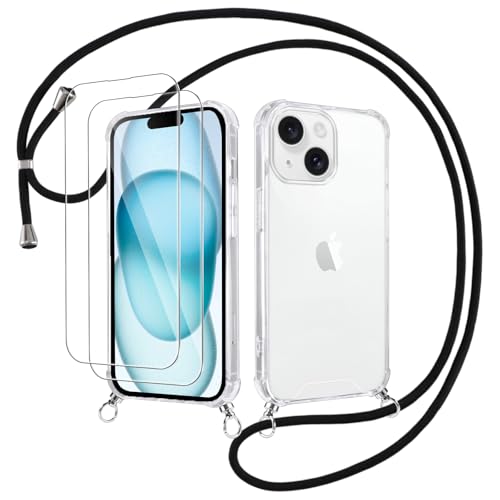 Votvloay Handykette Handyhülle für iPhone 15 6,1" Hülle mit Band - mit 2 x Schutzfolie, Transparent Case mit Kordel zum Umhängen, Weich TPU + PC Back Schutzhülle Cover für iPhone 15, Schwarz Votvloay Handykette Handyhülle für iPhone 15 6,1" Hülle mit Band - mit 2 x Schutzfolie, Transparent Case mit Kordel zum Umhängen, Weich TPU + PC Back Schutzhülle Cover für iPhone 15, Schwarz von Votvloay
