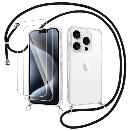 Votvloay Handykette Handyhülle für iPhone 15 Pro Max 6,7" Hülle mit Band - mit 2 x Schutzfolie, Transparent Case mit Kordel zum Umhängen, Weich TPU + PC Back Schutzhülle Cover, Schwarz Votvloay Handykette Handyhülle für iPhone 15 Pro Max 6,7" Hülle mit Band - mit 2 x Schutzfolie, Transparent Case mit Kordel zum Umhängen, Weich TPU + PC Back Schutzhülle Cover, Schwarz von Votvloay
