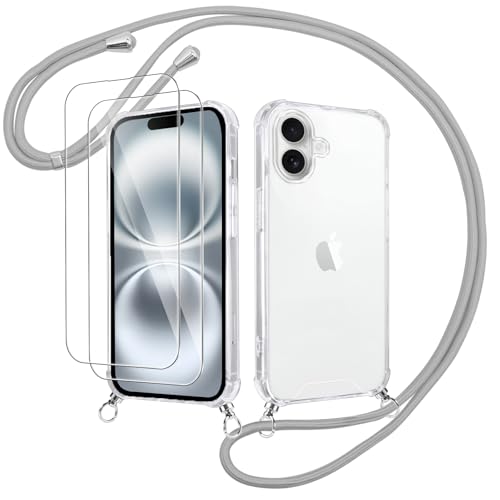 Votvloay Handykette Handyhülle für iPhone 16 6,1" Hülle mit Band - mit 2 x Schutzfolie, Transparent Case mit Kordel zum Umhängen, Weich TPU + PC Back Schutzhülle Cover für iPhone 16, Grau Votvloay Handykette Handyhülle für iPhone 16 6,1" Hülle mit Band - mit 2 x Schutzfolie, Transparent Case mit Kordel zum Umhängen, Weich TPU + PC Back Schutzhülle Cover für iPhone 16, Grau von Votvloay