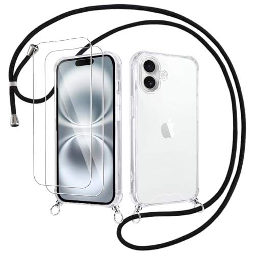 Votvloay Handykette Handyhülle für iPhone 16 6,1" Hülle mit Band - mit 2 x Schutzfolie, Transparent Case mit Kordel zum Umhängen, Weich TPU + PC Back Schutzhülle Cover für iPhone 16, Schwarz Votvloay Handykette Handyhülle für iPhone 16 6,1" Hülle mit Band - mit 2 x Schutzfolie, Transparent Case mit Kordel zum Umhängen, Weich TPU + PC Back Schutzhülle Cover für iPhone 16, Schwarz von Votvloay
