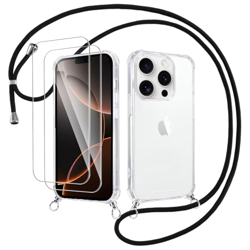 Votvloay Handykette Handyhülle für iPhone 16 Pro Max 6,9" Hülle mit Band - mit 2 x Schutzfolie, Transparent Case mit Kordel zum Umhängen, Weich TPU + PC Back Schutzhülle Cover, Schwarz Votvloay Handykette Handyhülle für iPhone 16 Pro Max 6,9" Hülle mit Band - mit 2 x Schutzfolie, Transparent Case mit Kordel zum Umhängen, Weich TPU + PC Back Schutzhülle Cover, Schwarz von Votvloay