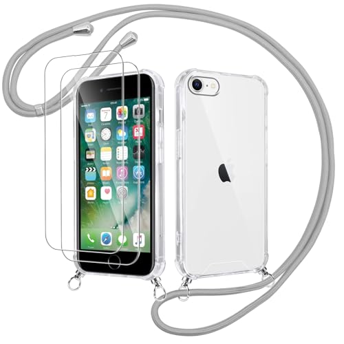 Votvloay Handykette Handyhülle für iPhone 8/7/SE 2020/SE 2022 4,7" Hülle mit Band - mit 2 x Schutzfolie, Transparent Case mit Kordel zum Umhängen, Weich Silikon TPU Stoßfest Schutzhülle Cover, Grau von Votvloay