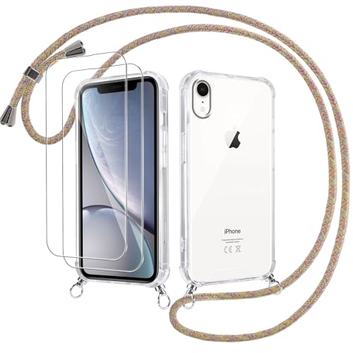 Votvloay Handykette Handyhülle für iPhone XR 6,1" Hülle mit Band - mit 2 x Schutzfolie, Transparent Case mit Kordel zum Umhängen Abnehmbar, Weich Silikon TPU Bumper Stoßfest Schutzhülle Cover, Gelb von Votvloay