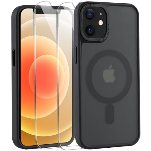 Votvloay Magnetisch Hülle für iPhone 12/12 Pro 6,1 '' [Kompatibel mit MagSafe], Handyhülle mit 2 Stück Schutzfolie Schutzglas,Durchscheinende Matt Stoßfeste Schutzhülle für iPhone 12/12 Pro, Schwarz von Votvloay
