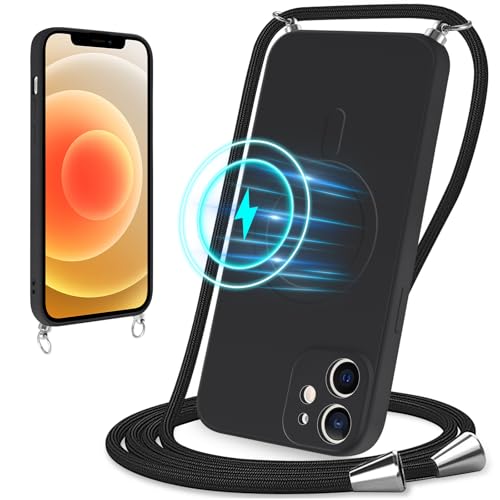 Votvloay Magnetische Handykette für Apple iPhone 12 6,1" Hülle mit Band Handyhülle Kompatibel mit Magsafe Liquid Silikon mit Kordel Schutzhülle zum Umhängen Silikon Case für iPhone 12,Schwarz Votvloay Magnetische Handykette für Apple iPhone 12 6,1" Hülle mit Band Handyhülle Kompatibel mit Magsafe Liquid Silikon mit Kordel Schutzhülle zum Umhängen Silikon Case für iPhone 12,Schwarz von Votvloay