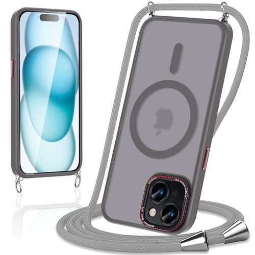 Votvloay Magnetische Handykette mit Band für iPhone 15 6,1" Hülle,Handyhülle Kompatibel mit Magsafe,Matt Transluzente PC+TPU Stoßfest Schutzhülle mit Abnehmbar Kordel zum Umhängen Case,Grau Votvloay Magnetische Handykette mit Band für iPhone 15 6,1" Hülle,Handyhülle Kompatibel mit Magsafe,Matt Transluzente PC+TPU Stoßfest Schutzhülle mit Abnehmbar Kordel zum Umhängen Case,Grau von Votvloay