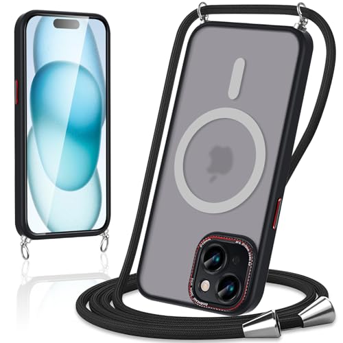 Votvloay Magnetische Handykette mit Band für iPhone 15 6,1" Hülle,Handyhülle Kompatibel mit Magsafe,Matt Transluzente PC+TPU Stoßfest Schutzhülle mit Abnehmbar Kordel zum Umhängen Case,Schwarz Votvloay Magnetische Handykette mit Band für iPhone 15 6,1" Hülle,Handyhülle Kompatibel mit Magsafe,Matt Transluzente PC+TPU Stoßfest Schutzhülle mit Abnehmbar Kordel zum Umhängen Case,Schwarz von Votvloay