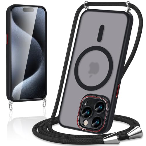 Votvloay Magnetische Handykette mit Band für iPhone 15 Pro Max 6,7" Hülle,Handyhülle Kompatibel mit Magsafe,Matt Transluzente PC+TPU Stoßfest Schutzhülle mit Abnehmbar Kordel zum Umhängen Case,Schwarz Votvloay Magnetische Handykette mit Band für iPhone 15 Pro Max 6,7" Hülle,Handyhülle Kompatibel mit Magsafe,Matt Transluzente PC+TPU Stoßfest Schutzhülle mit Abnehmbar Kordel zum Umhängen Case,Schwarz von Votvloay