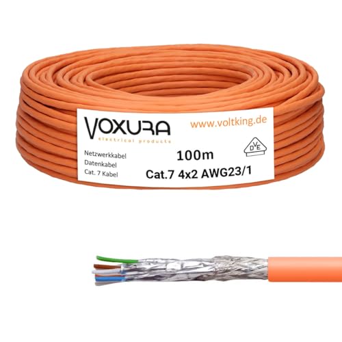 Netzwerkkabel CAT 7 1300Mhz 10 GBit/s AWG23 100m Ring orange Simplex Datenkabel Verlegekabel Halogenfrei von Voxura