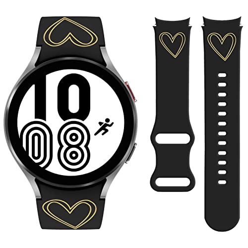 Vozehui 20mm Armband Kompatibel mit Galaxy Watch 5/4, Silikon Goldfarbenes Herzmuster Bedrucktes Ersatzarmband für Samsung Galaxy Watch 5/4 40mm 44mm/Galaxy Watch 4 Classic 42mm 46mm, Schwarz von Vozehui