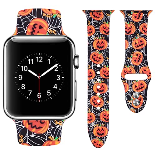 Vozehui Armband Kompatibel mit Apple Watch Armband 38mm 40mm 41mm für Damen Herren Mädchen Jungen, Halloween Kürbis Blume Bedrucktes Silikon Ersatz Sportarmband für iWatch Series SE 8 7 6 5 4 3 2 1 von Vozehui