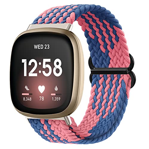 Vozehui Geflochtenes Solo Loop Armband Kompatibel mit Fitbit Versa 3/Sense, Atmungsaktiv Elastisch Weiches Nylon Verstellbares Sport Ersatzband für Damen Herren von Vozehui