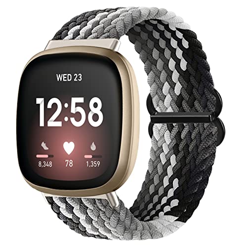 Vozehui Geflochtenes Solo Loop Armband Kompatibel mit Fitbit Versa 3/Sense, Atmungsaktiv Elastisch Weiches Nylon Verstellbares Sport Ersatzband für Damen Herren von Vozehui