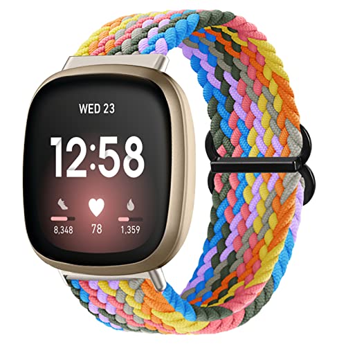 Vozehui Geflochtenes Solo Loop Armband Kompatibel mit Fitbit Versa 3/Sense, Atmungsaktiv Elastisch Weiches Nylon Verstellbares Sport Ersatzband für Damen Herren von Vozehui