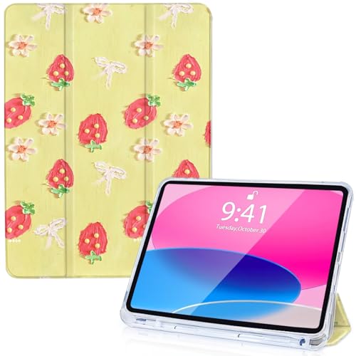 Vozehui Hülle für 2024 iPad Air 11 Zoll M2 iPad Air 6./5./4. Generation (2024/2022/2020), 10.9 Zoll iPad Hülle mit Pencil Halterung für iPad 11 10.9 Zoll Hülle, Gelbe Erdbeere von Vozehui