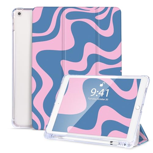 Vozehui Hülle für iPad 10.2 Zoll 9./8./7. Generation (2021/2020/2019 Modell) Niedliches Wellenmuster Design Cover mit Bleistifthalterung, Auto Wake/Sleep für 10.2 iPad (Blau Rot Gewellt) von Vozehui