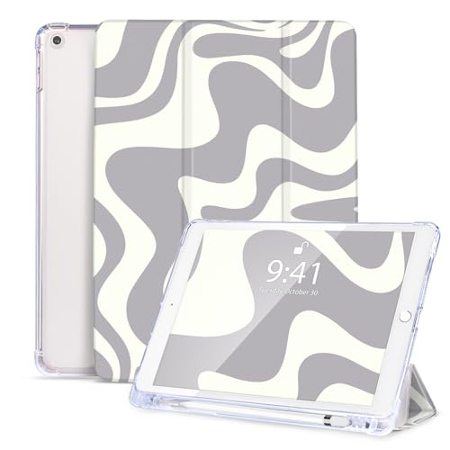 Vozehui Hülle für iPad 10.2 Zoll 9./8./7. Generation (2021/2020/2019 Modell) Niedliches Wellenmuster Design Cover mit Bleistifthalterung, Auto Wake/Sleep für 10.2 iPad (Gelb Braun Gewellt) von Vozehui