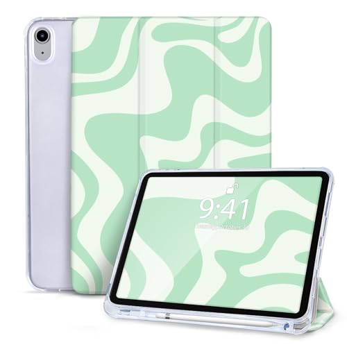 Vozehui Hülle für iPad 10.9 Zoll 10. Generation (2022 Modell) Niedliches Wellenmuster Design Cover mit Bleistifthalterung, Auto Wake/Sleep für 10.9 iPad (Grün Gewellt) von Vozehui