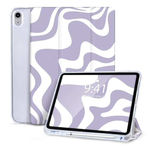 Vozehui Hülle für iPad 10.9 Zoll 10. Generation (2022 Modell) Niedliches Wellenmuster Design Cover mit Bleistifthalterung, Auto Wake/Sleep für 10.9 iPad (Lila Weiß Gewellt) von Vozehui