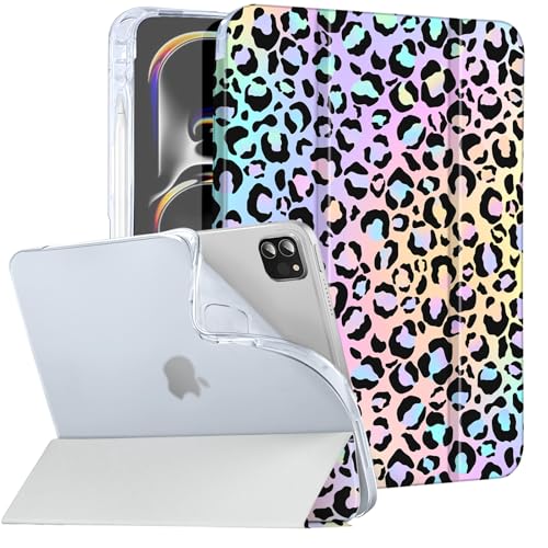 Vozehui iPad Pro 11 Zoll Hülle 2024 (M4 5. Generation) Mit Bleistifthalter, Abnehmbare Magnetische Slim Stand Hard Back Shell, Bunter Leopard von Vozehui