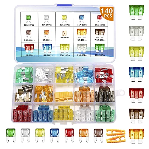 140-teiliges Auto-Sicherungs-Sortiment-Sortiments-Set mit 2 Stück Sicherungsabziehern, Auto-Sicherungen Standard und Mini-Auto-Sicherungen Flachsicherung von Vrupin