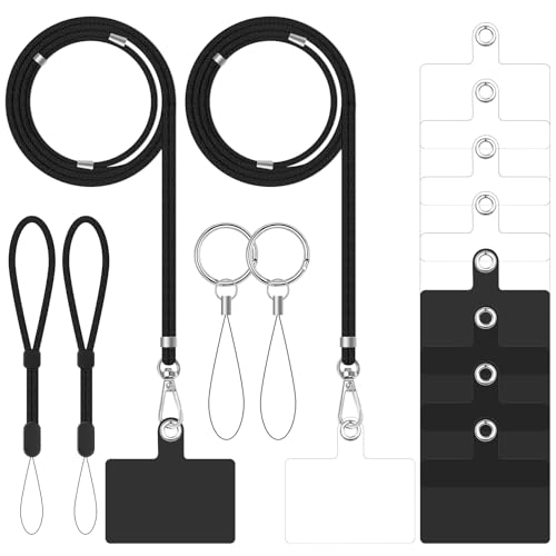 2 Handykette Universal mit 8er Ersatz Telefon Patch 2 Handschlaufe Lanyard Verstellbares Nylon 2 Schlüsselanhänger Unisex Einstellbares Handyband zum Umhängen für Meisten Handyhüllen,Schwarz+Schwarz von Vspek