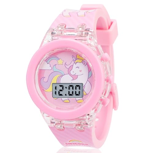 Vspek Unicorn Cartoon Watch for Girls -Kinder Uhr Digital, Kinder Armbanduhr, Kinderuhr Mädchen Led, mit Datum Stoppuhr Lichter für 3-10 Jahre Kind Electronic Toddler Light Glowing Watch von Vspek