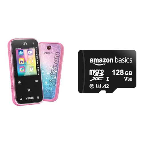 VTech KidiZoom Snap Touch pink – Kinderkamera im Smartphone-Format mit Touchscreen & Amazon Basics – MicroSDXC-Speicherkarte, 128 GB, mit SD-Adapter, A2, U3, 100 MB/s max. Lesegeschwindigkeit, Schwarz von Vtech