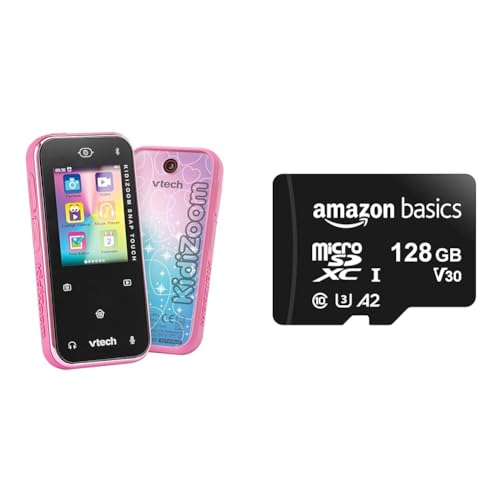 VTech KidiZoom Snap Touch pink – Kinderkamera im Smartphone-Format mit Touchscreen & Amazon Basics – MicroSDXC-Speicherkarte, 128 GB, mit SD-Adapter, A2, U3, 100 MB/s max. Lesegeschwindigkeit, Schwarz von Vtech