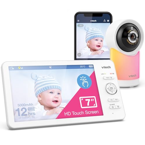 VTech RM7768HD Smart-WLAN-Babyphone mit 17,8 cm (7 Zoll) Touchscreen und 1080p HD-Kamera, 360° schwenkbar und neigbar, 135° Weitwinkel, Nachtlicht, beruhigende Geräusche, Temperatursensor, von Vtech
